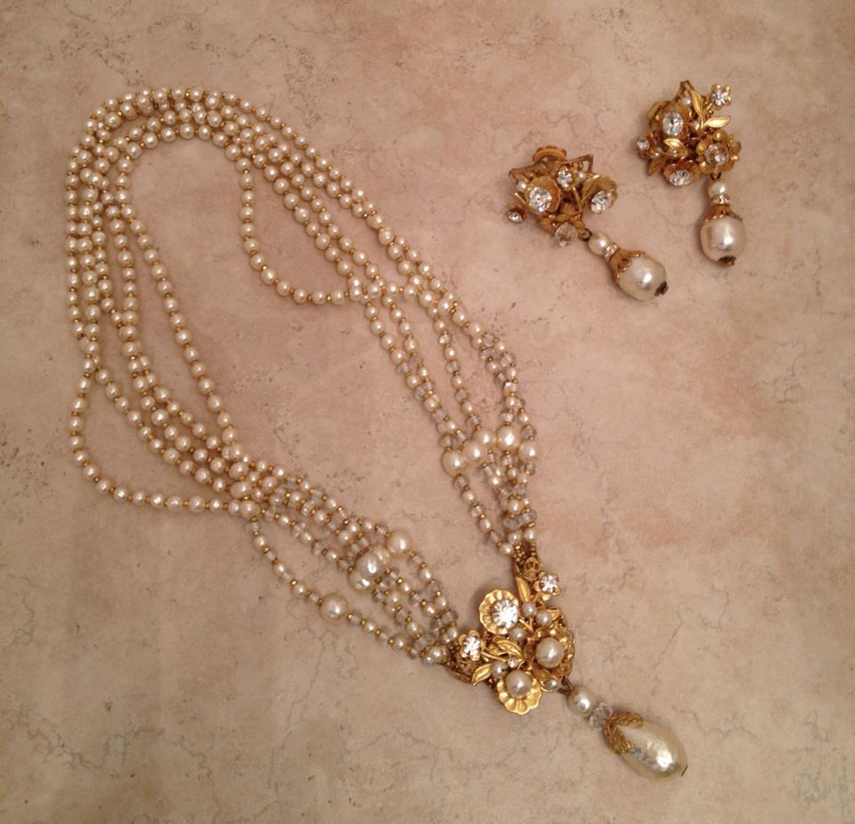 Vintage Miriam Haskell Rhinestone and Glass Pearl Necklace and Earring Demi-Parure Vintage Miriam Haskell Rhinestone and Glass Pearl Necklace and Earring Demi-Parure