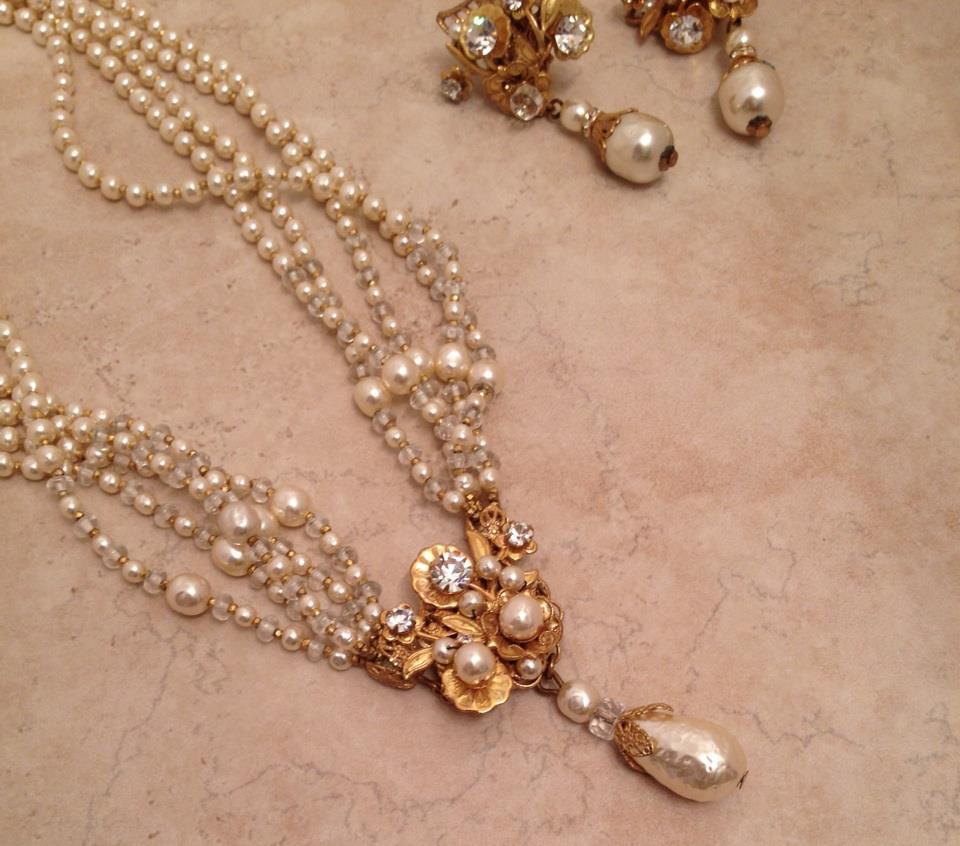 Vintage Miriam Haskell Rhinestone and Glass Pearl Necklace and Earring Demi-Parure Vintage Miriam Haskell Rhinestone and Glass Pearl Necklace and Earring Demi-Parure