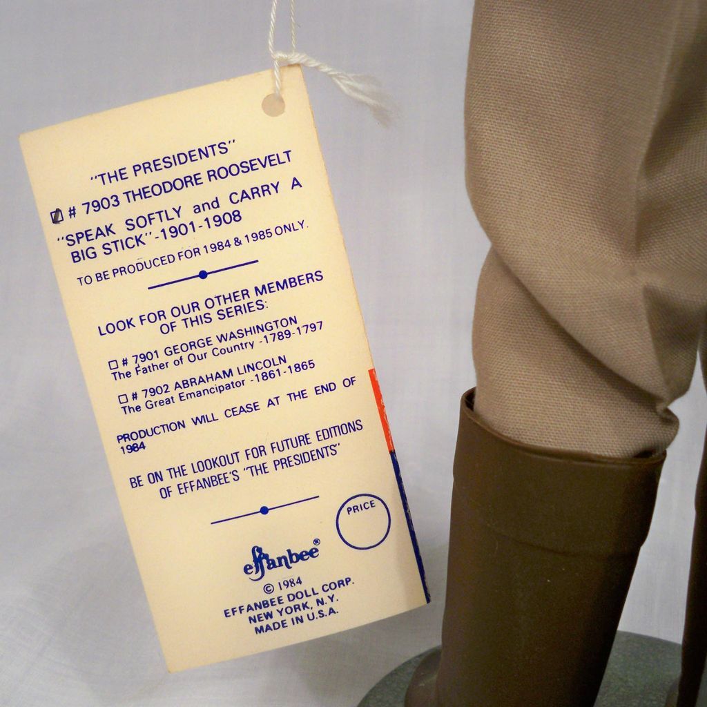 Effanbee Theodore "Teddy" Roosevelt, 16 inch in box with Inserts, Wrist Tag, Model 7903 from 1984 Effanbee Theodore "Teddy" Roosevelt, 16 inch in box with Inserts, Wrist Tag, Model 7903 from 1984