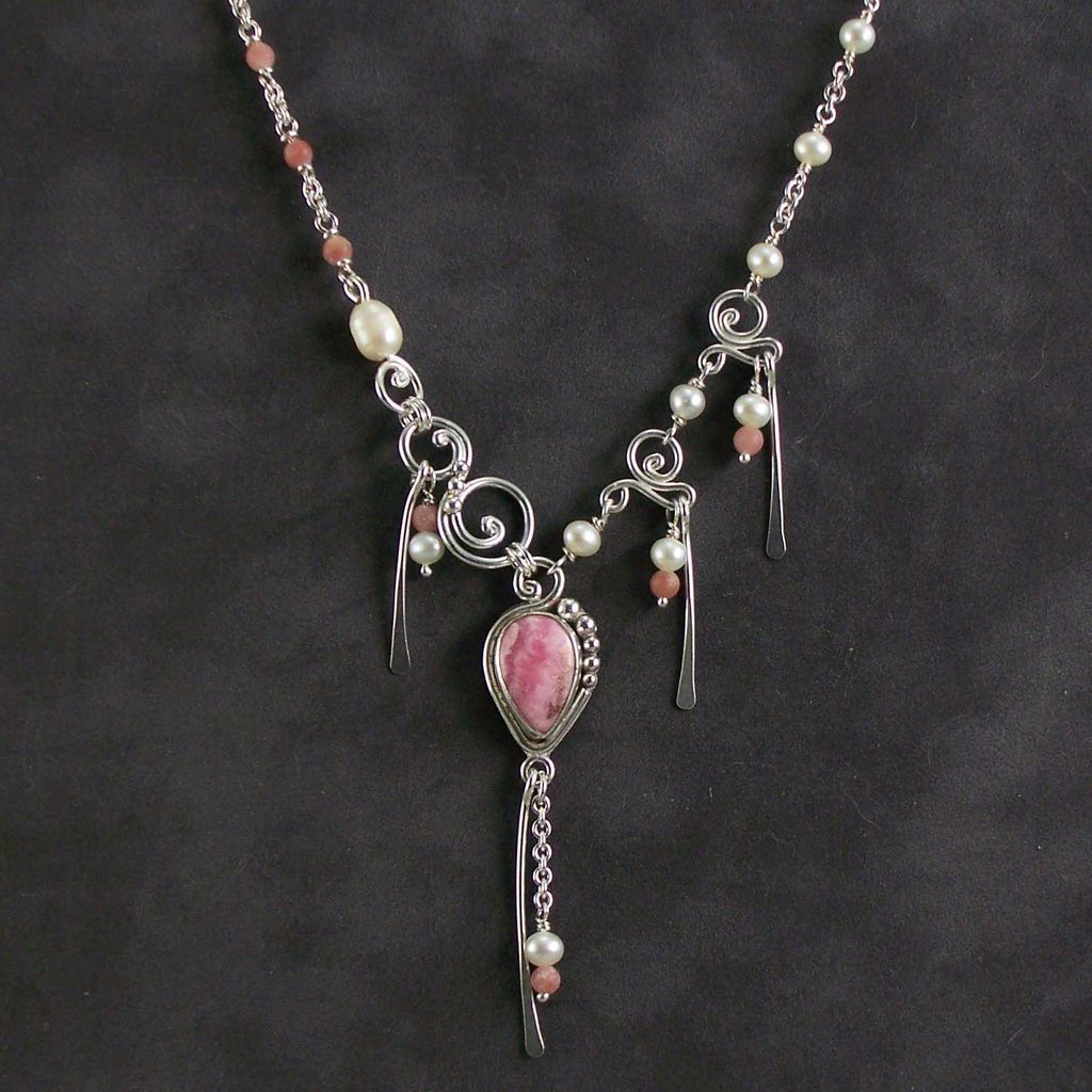 Sterling silver, rhodochrosite and pearl necklace Sterling silver, rhodochrosite and pearl necklace