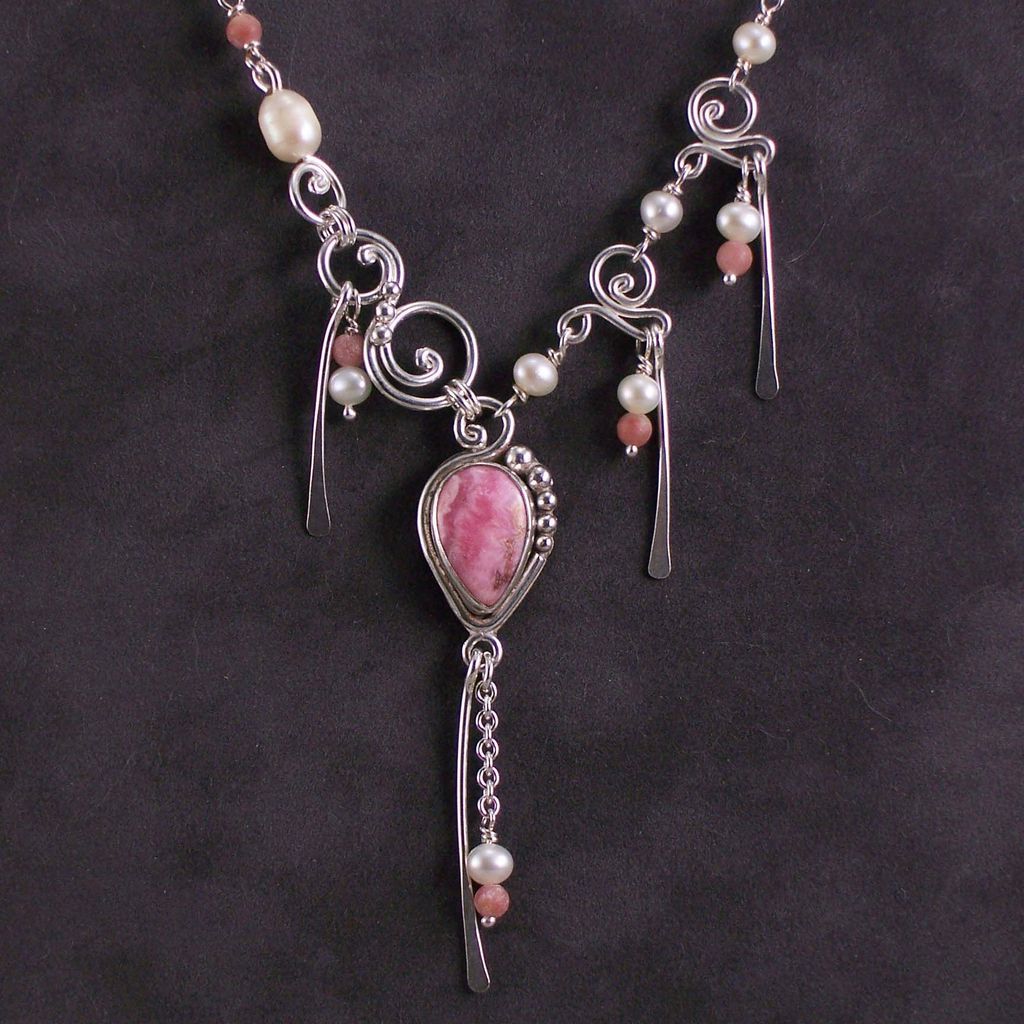 Sterling silver, rhodochrosite and pearl necklace Sterling silver, rhodochrosite and pearl necklace