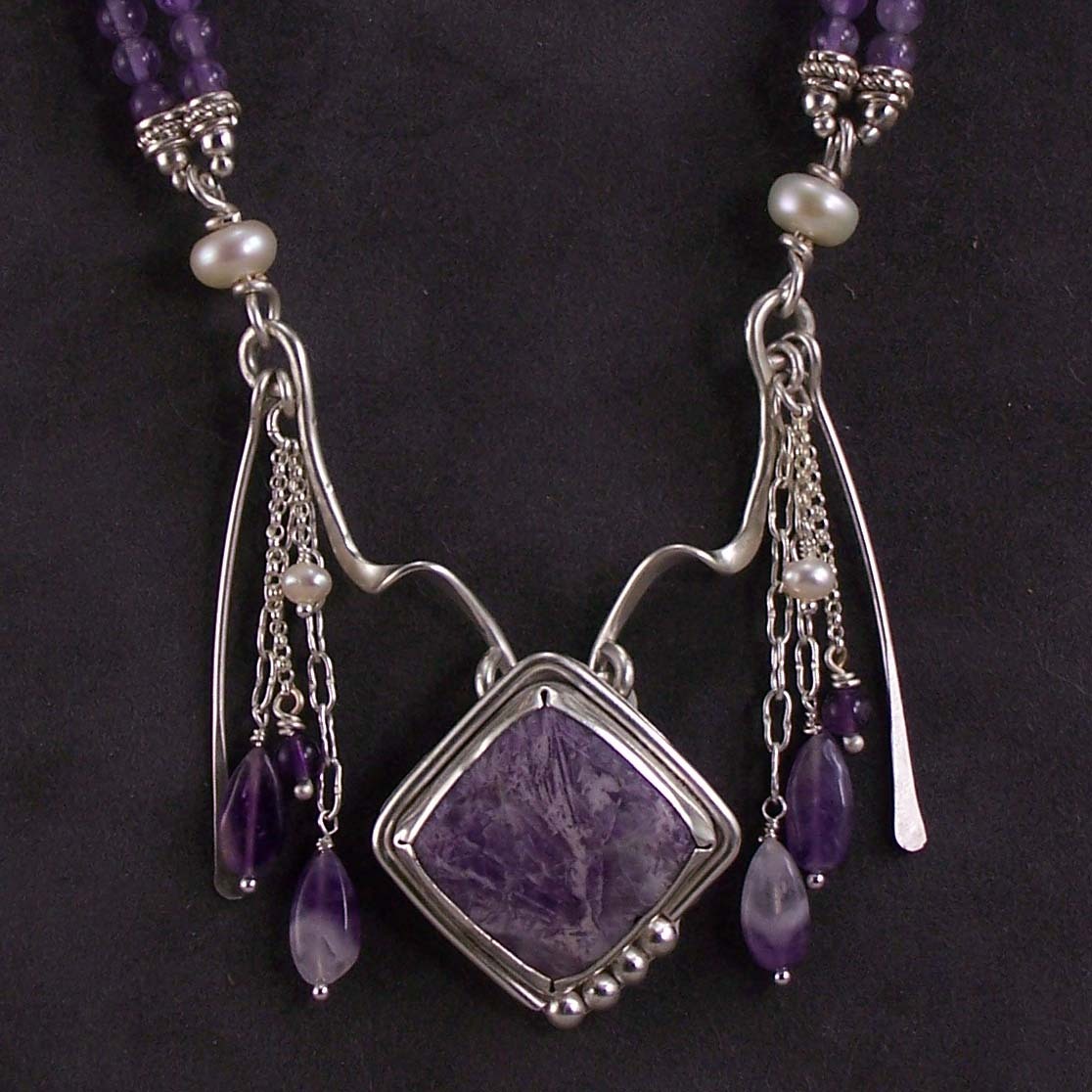 Sterling silver, chevron amethyst and pearl necklace Sterling silver, chevron amethyst and pearl necklace