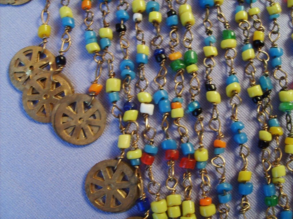 Vintage BIB Colorful Bead Necklace Brass Bangles Dangles Vintage BIB Colorful Bead Necklace Brass Bangles Dangles