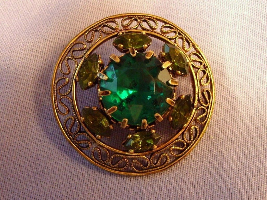 Green Glass Rhinestone Brooch W. Germany Vintage Green Glass Rhinestone Brooch W. Germany Vintage