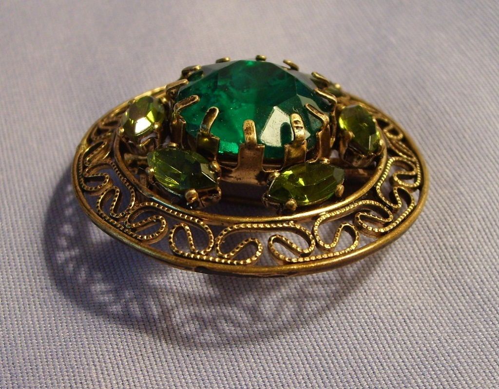 Green Glass Rhinestone Brooch W. Germany Vintage Green Glass Rhinestone Brooch W. Germany Vintage