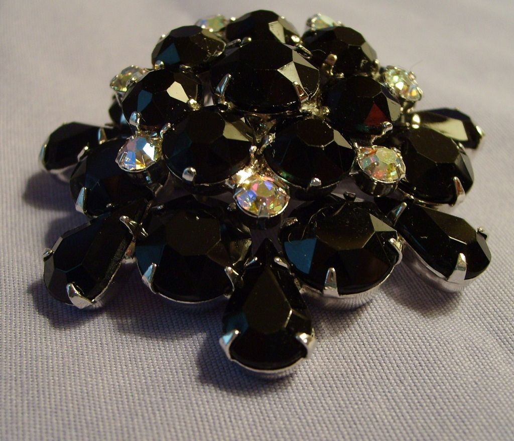 Black Glass & Clear Rhinestone Brooch Vintage Two-tier Pin Black Glass & Clear Rhinestone Brooch Vintage Two-tier Pin