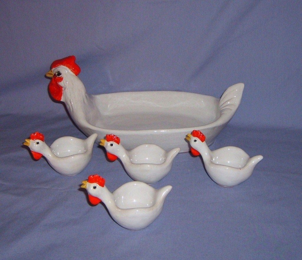 Chicken Egg Cup & Tray Breakfast Set Italian Pottery Italy Chicken Egg Cup & Tray Breakfast Set Italian Pottery Italy