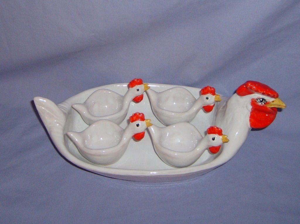 Chicken Egg Cup & Tray Breakfast Set Italian Pottery Italy Chicken Egg Cup & Tray Breakfast Set Italian Pottery Italy