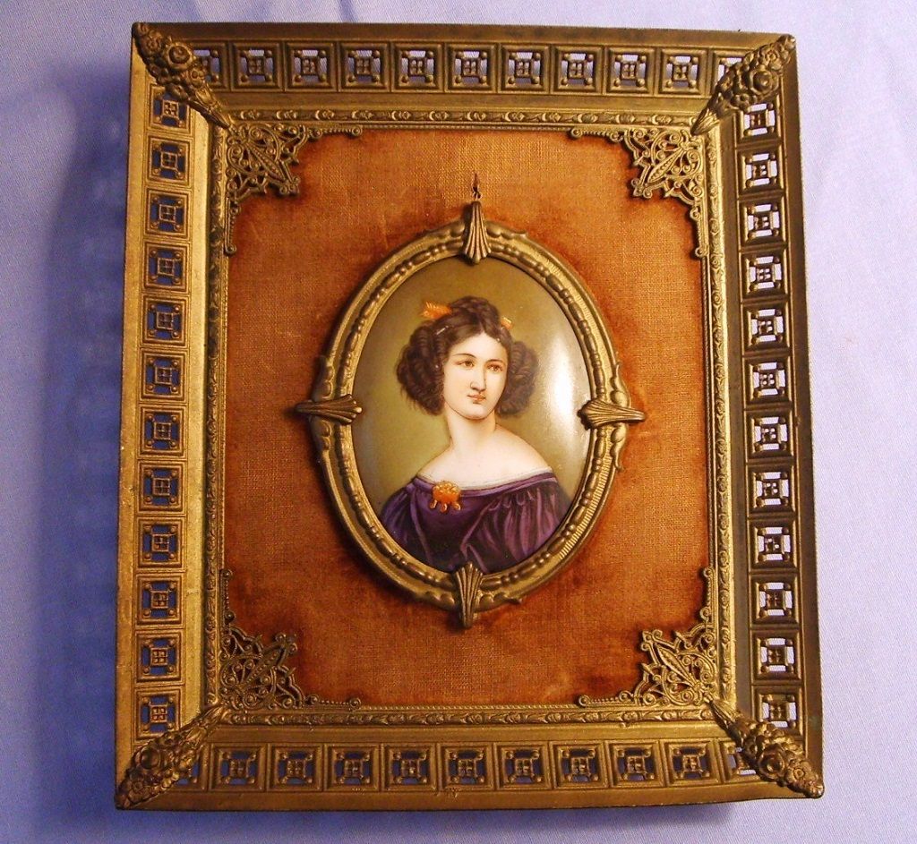 Antique Miniature Porcelain Portrait Painting "Anna Kaula" Ornate Metal Frame Antique Miniature Porcelain Portrait Painting "Anna Kaula" Ornate Metal Frame