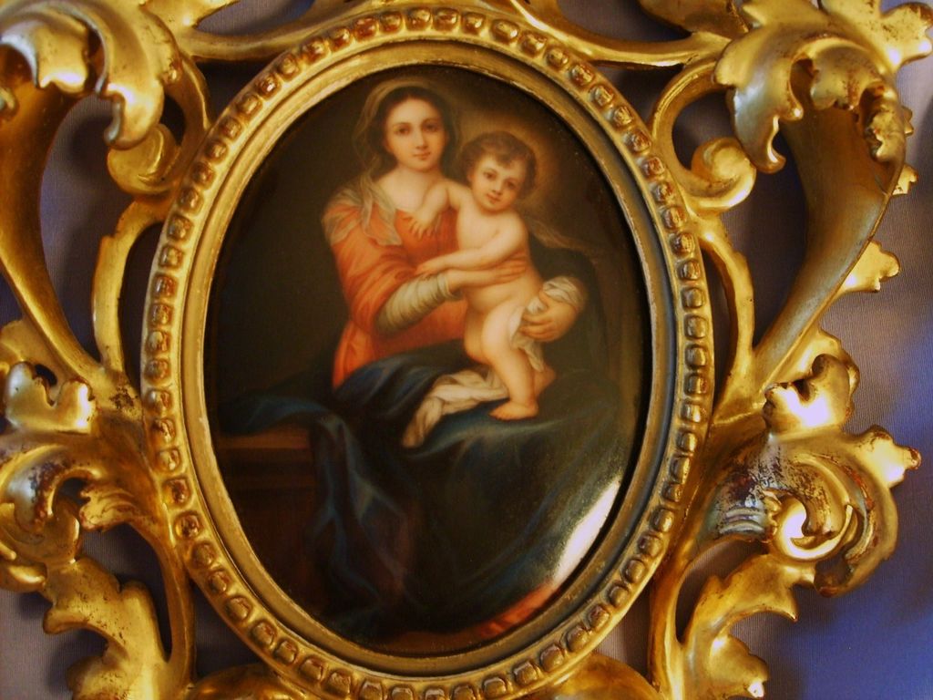 Madonna & Child Porcelain Portrait Rococo Frame Antique Madonna & Child Porcelain Portrait Rococo Frame Antique
