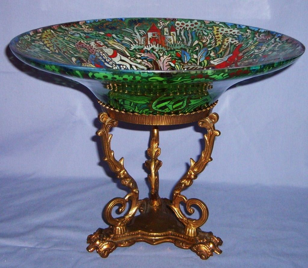 Jose Cire Royo Moser Enameled Glass Large Tazza Gilded Bronze Mount Bowl Spanish Jose Cire Royo Moser Enameled Glass Large Tazza Gilded Bronze Mount Bowl Spanish