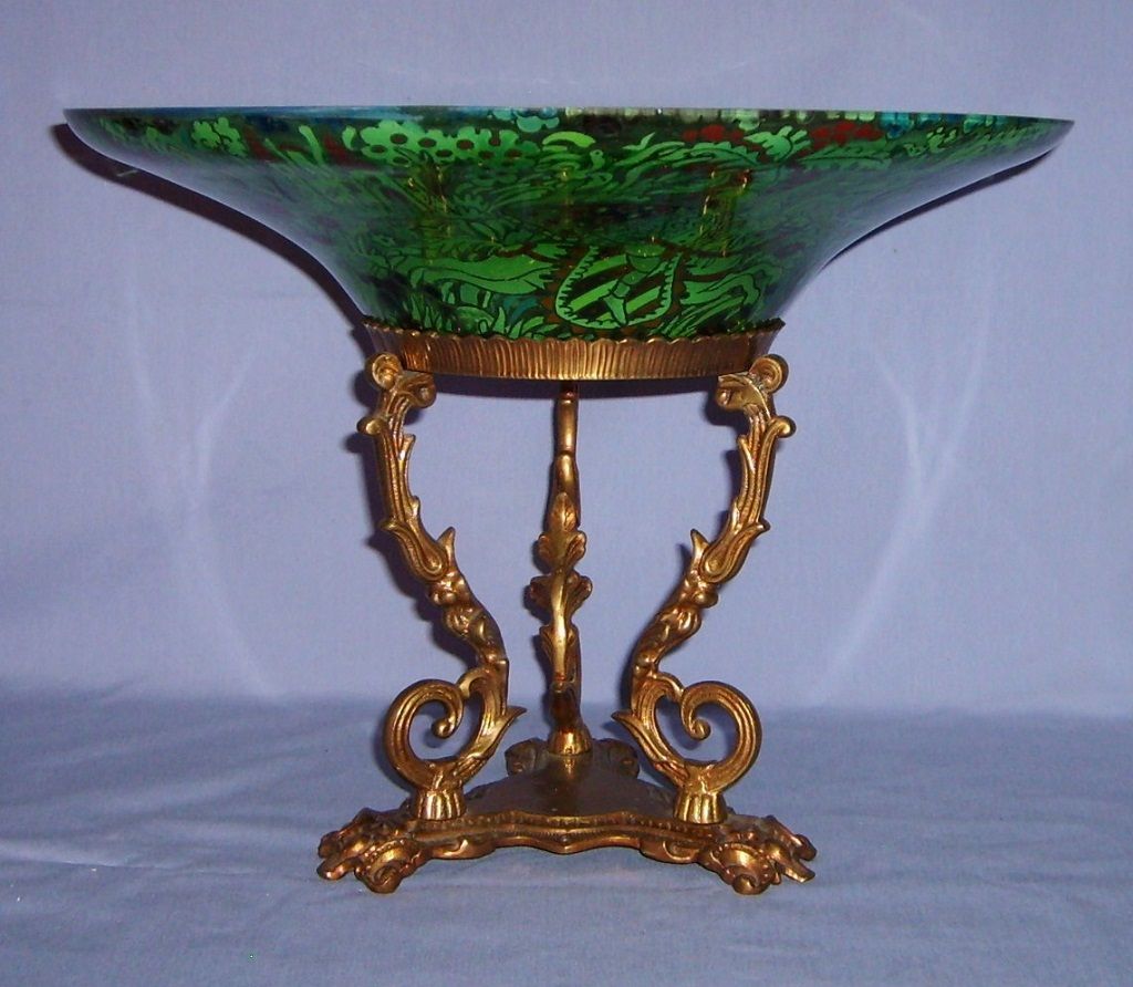 Jose Cire Royo Moser Enameled Glass Large Tazza Gilded Bronze Mount Bowl Spanish Jose Cire Royo Moser Enameled Glass Large Tazza Gilded Bronze Mount Bowl Spanish