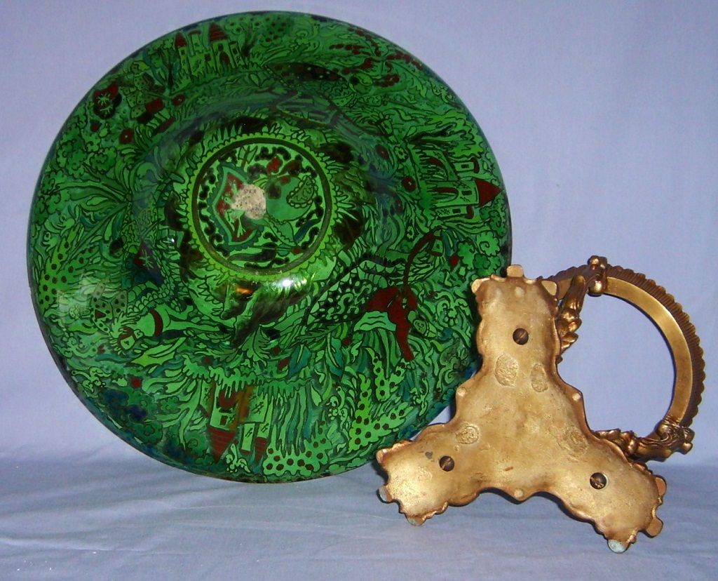 Jose Cire Royo Moser Enameled Glass Large Tazza Gilded Bronze Mount Bowl Spanish Jose Cire Royo Moser Enameled Glass Large Tazza Gilded Bronze Mount Bowl Spanish