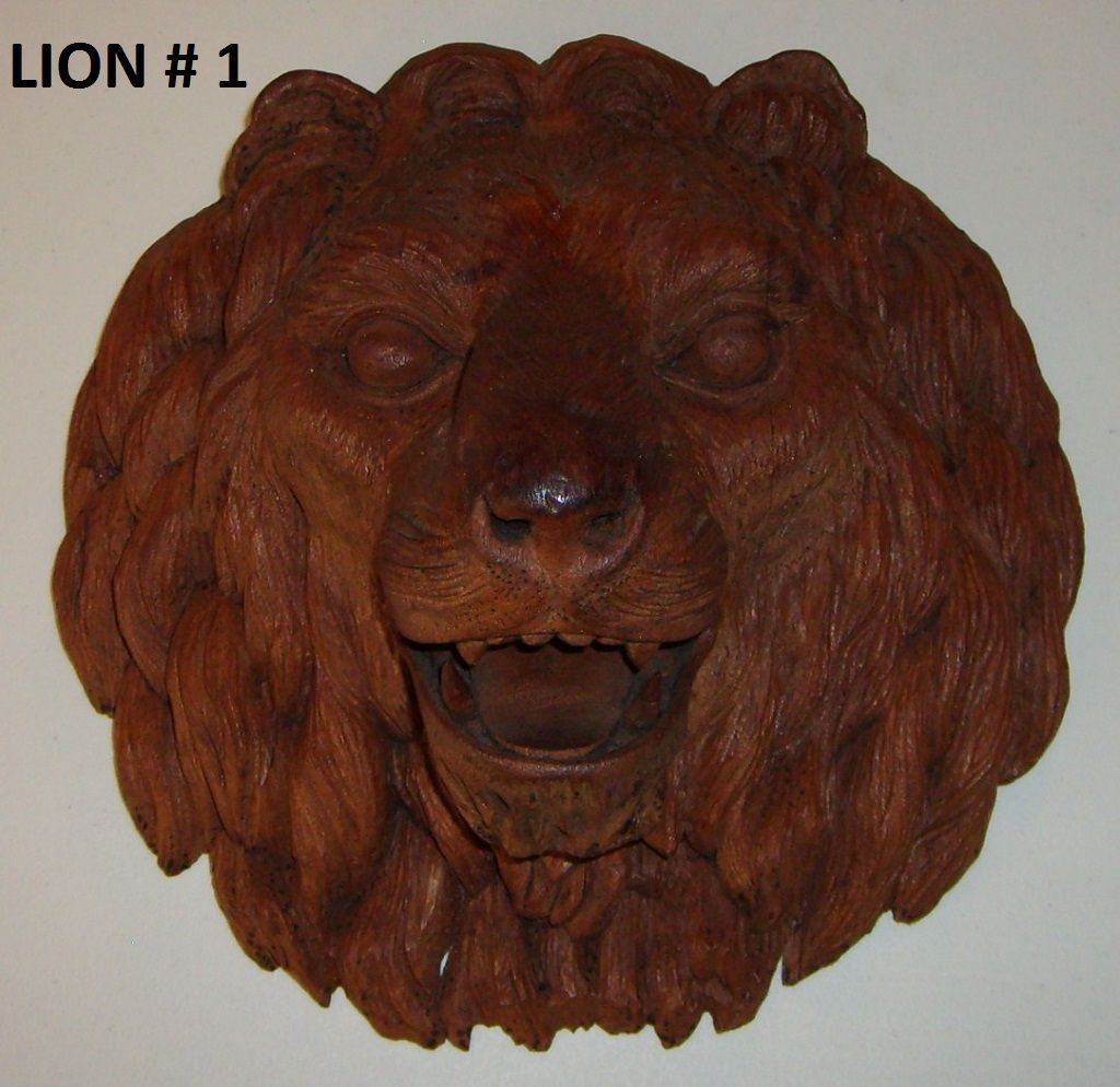 PAIR 19th Century Carved Oak Wood Lion Heads Sculpture Antique European PAIR 19th Century Carved Oak Wood Lion Heads Sculpture Antique European