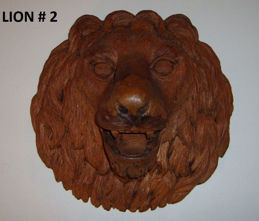 PAIR 19th Century Carved Oak Wood Lion Heads Sculpture Antique European PAIR 19th Century Carved Oak Wood Lion Heads Sculpture Antique European