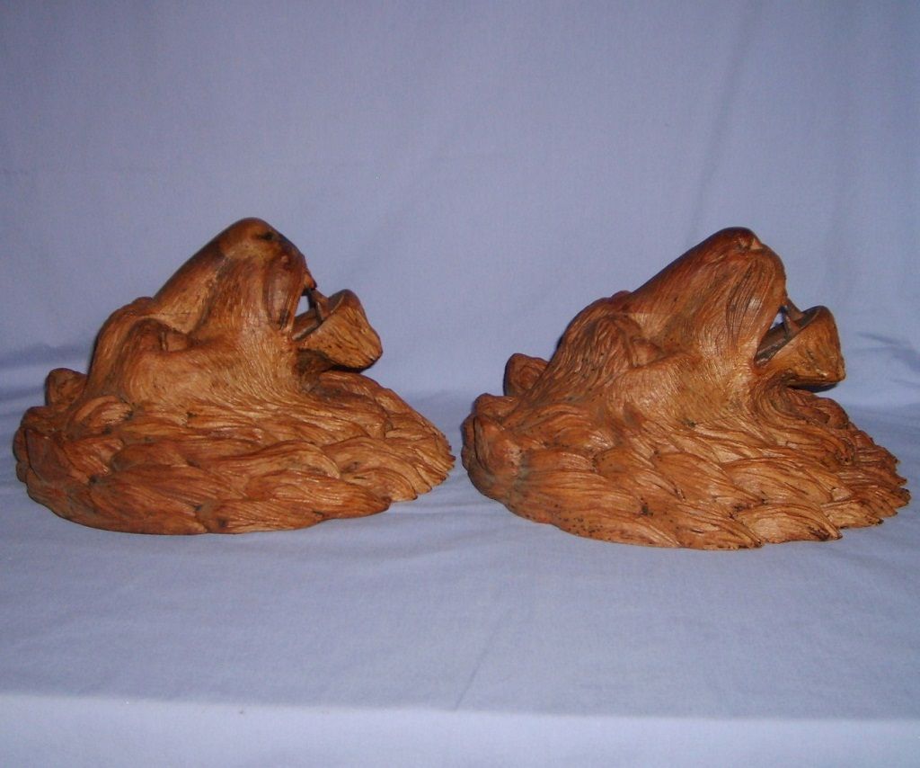 PAIR 19th Century Carved Oak Wood Lion Heads Sculpture Antique European PAIR 19th Century Carved Oak Wood Lion Heads Sculpture Antique European
