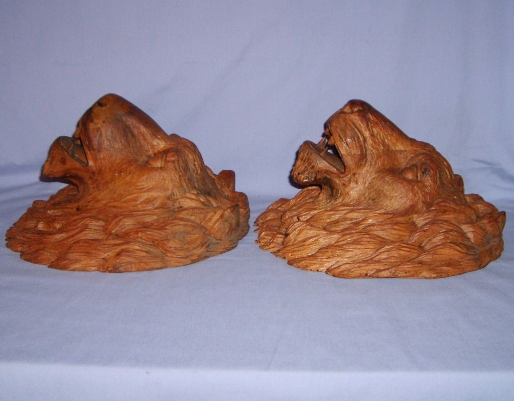 PAIR 19th Century Carved Oak Wood Lion Heads Sculpture Antique European PAIR 19th Century Carved Oak Wood Lion Heads Sculpture Antique European