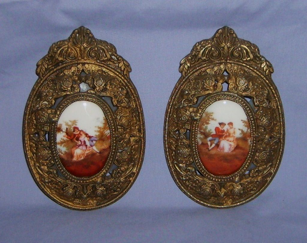Antique French Porcelain Plaques with Ornate Bronze Frames Pair Antique French Porcelain Plaques with Ornate Bronze Frames Pair