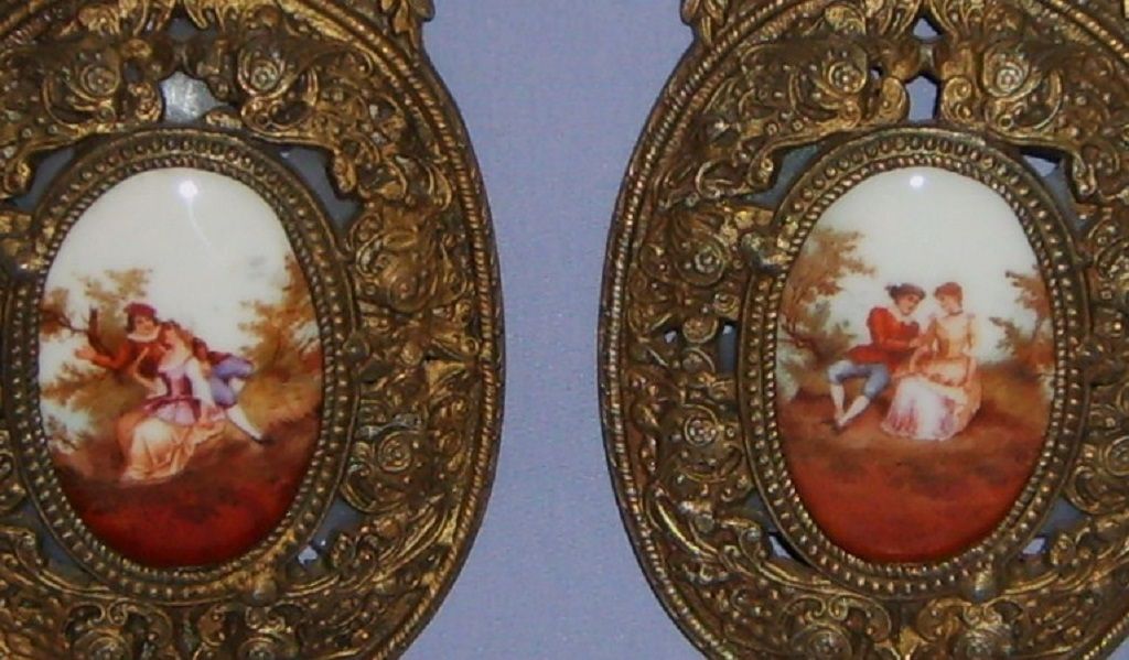 Antique French Porcelain Plaques with Ornate Bronze Frames Pair Antique French Porcelain Plaques with Ornate Bronze Frames Pair