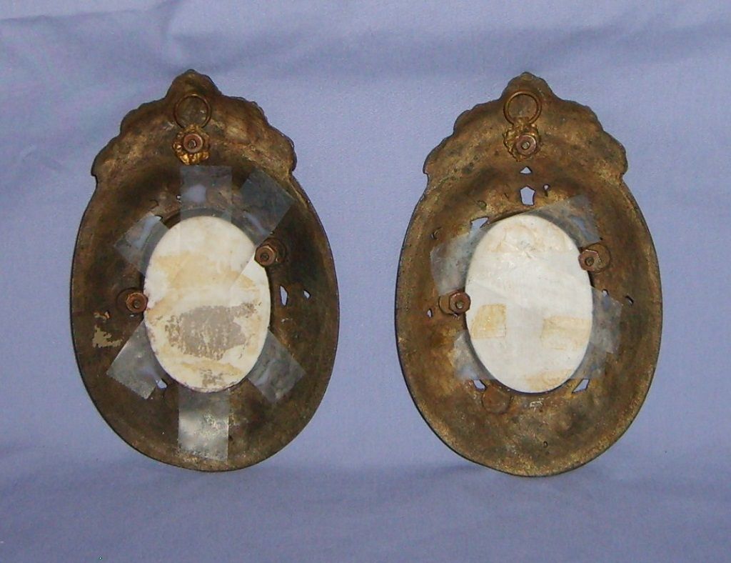 Antique French Porcelain Plaques with Ornate Bronze Frames Pair Antique French Porcelain Plaques with Ornate Bronze Frames Pair