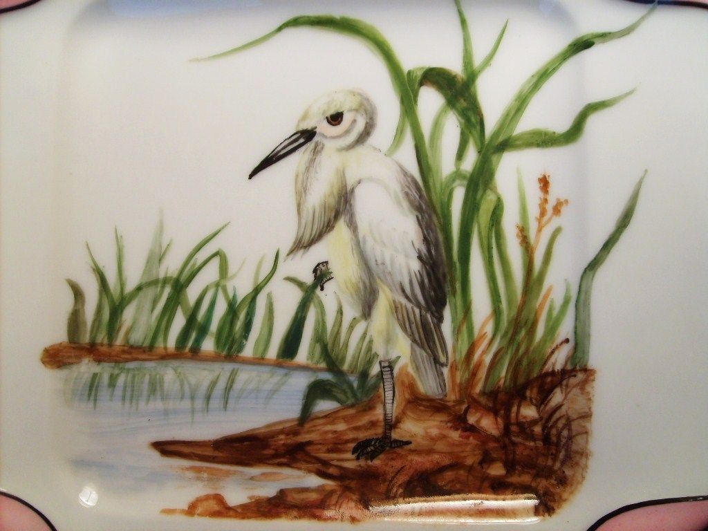 Antique Haviland Limoges Bird Plate Rare Napkin Fold Egret Hand Painted Porcelain Pink Antique Haviland Limoges Bird Plate Rare Napkin Fold Egret Hand Painted Porcelain Pink