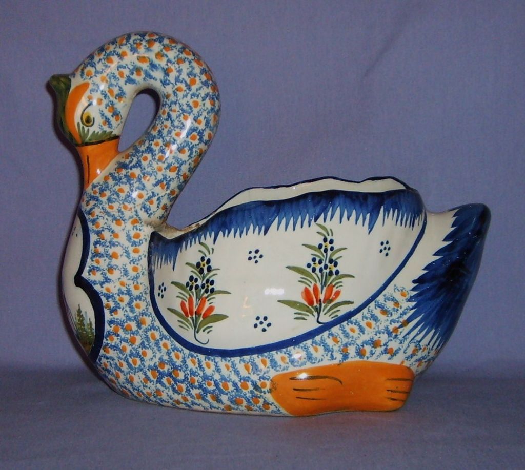 HenRiot Quimper France Large Swan Vintage #965 Breton hand painted HenRiot Quimper France Large Swan Vintage #965 Breton hand painted