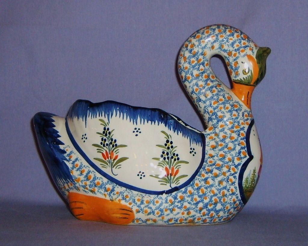 HenRiot Quimper France Large Swan Vintage #965 Breton hand painted HenRiot Quimper France Large Swan Vintage #965 Breton hand painted