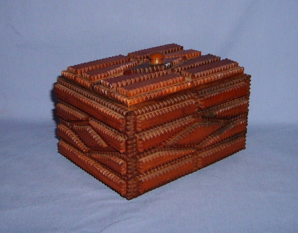 Tramp Art Box with Lid Chip carved layers early 1900's diamond shaped design Folk Prison Tramp Art Box with Lid Chip carved layers early 1900's diamond shaped design Folk Prison