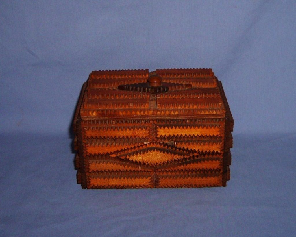 Tramp Art Box with Lid Chip carved layers early 1900's diamond shaped design Folk Prison Tramp Art Box with Lid Chip carved layers early 1900's diamond shaped design Folk Prison