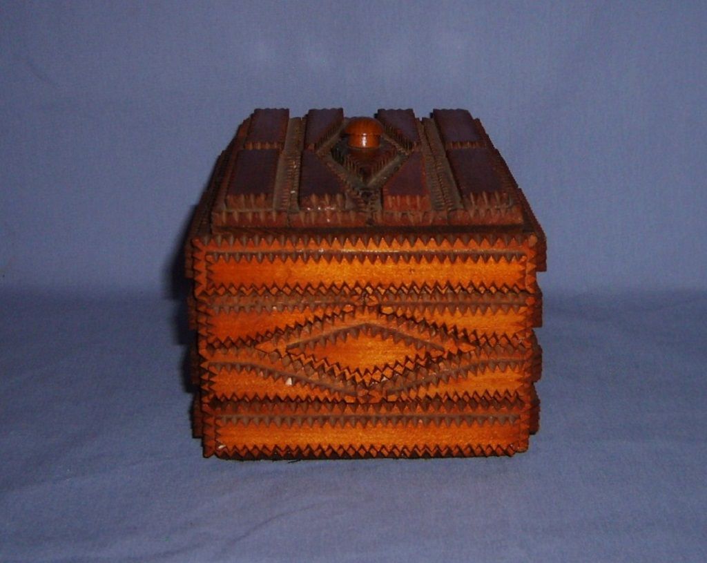 Tramp Art Box with Lid Chip carved layers early 1900's diamond shaped design Folk Prison Tramp Art Box with Lid Chip carved layers early 1900's diamond shaped design Folk Prison