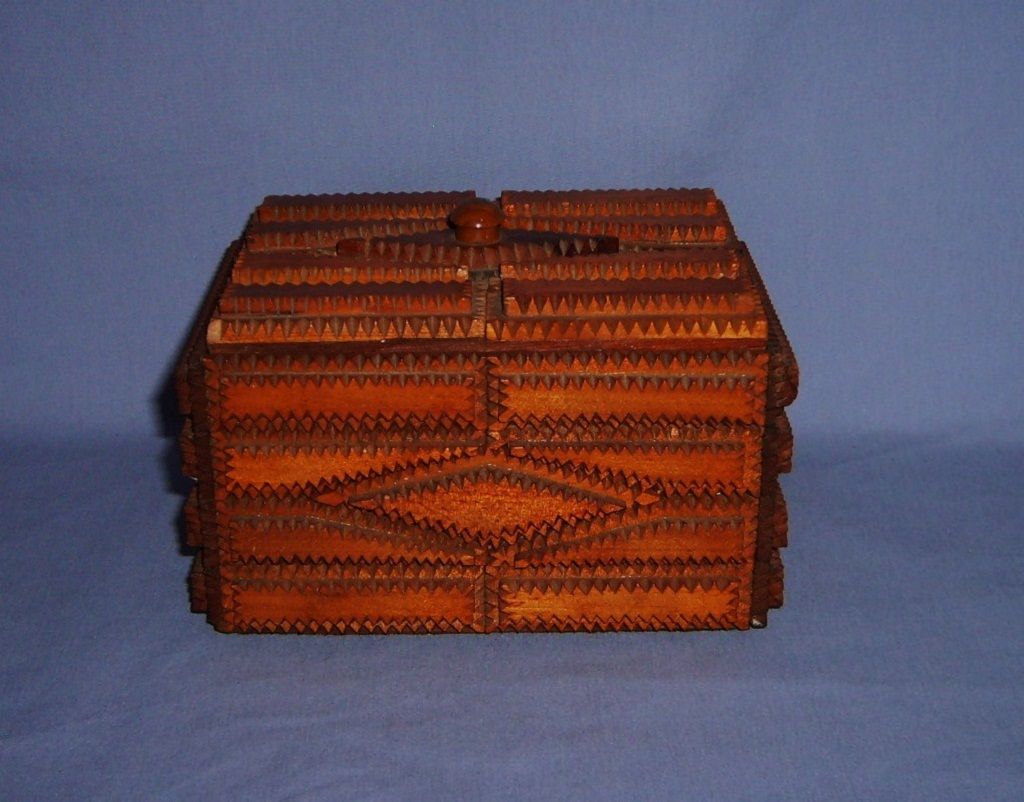 Tramp Art Box with Lid Chip carved layers early 1900's diamond shaped design Folk Prison Tramp Art Box with Lid Chip carved layers early 1900's diamond shaped design Folk Prison
