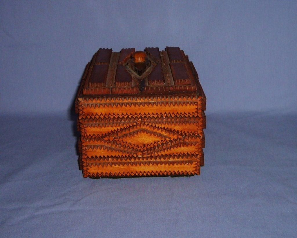 Tramp Art Box with Lid Chip carved layers early 1900's diamond shaped design Folk Prison Tramp Art Box with Lid Chip carved layers early 1900's diamond shaped design Folk Prison