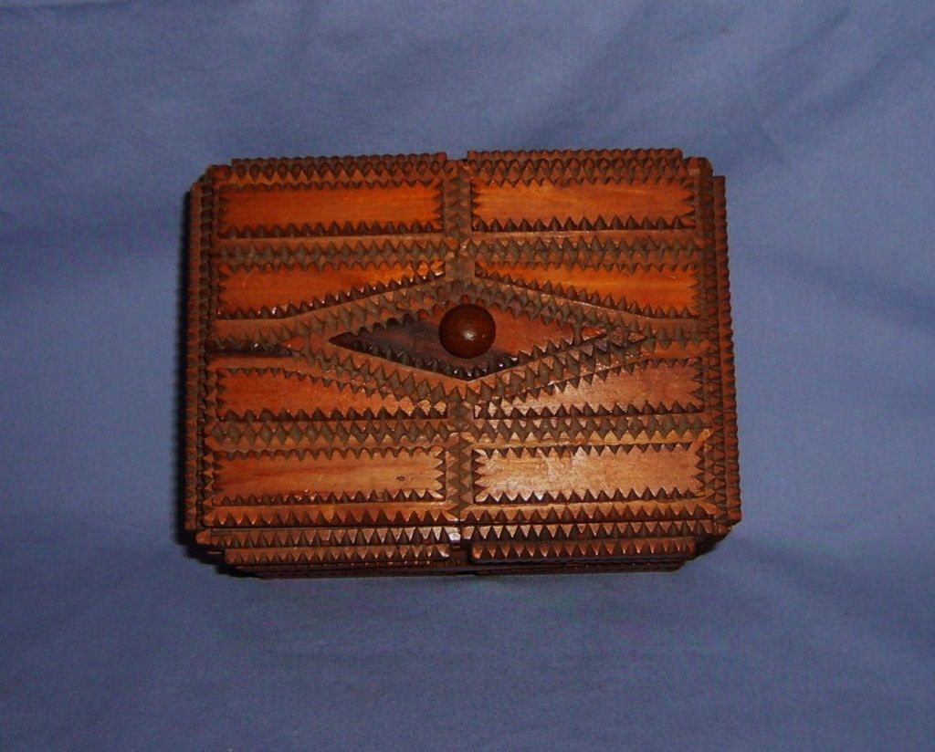 Tramp Art Box with Lid Chip carved layers early 1900's diamond shaped design Folk Prison Tramp Art Box with Lid Chip carved layers early 1900's diamond shaped design Folk Prison