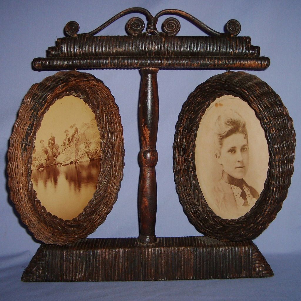 Antique Victorian Woven Wicker Picture Frame Double Large Sepia Photos Antique Victorian Woven Wicker Picture Frame Double Large Sepia Photos