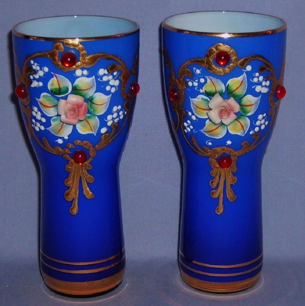 Cobalt Blue Tumbler Glasses Enameled Jeweled Gilded Moser Style Vintage Cobalt Blue Tumbler Glasses Enameled Jeweled Gilded Moser Style Vintage