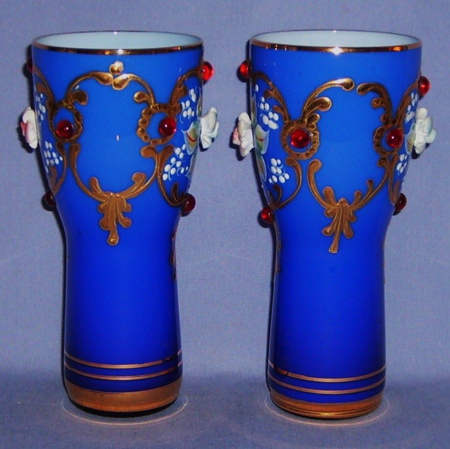 Cobalt Blue Tumbler Glasses Enameled Jeweled Gilded Moser Style Vintage Cobalt Blue Tumbler Glasses Enameled Jeweled Gilded Moser Style Vintage