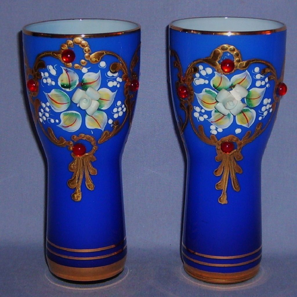 Cobalt Blue Tumbler Glasses Enameled Jeweled Gilded Moser Style Vintage Cobalt Blue Tumbler Glasses Enameled Jeweled Gilded Moser Style Vintage
