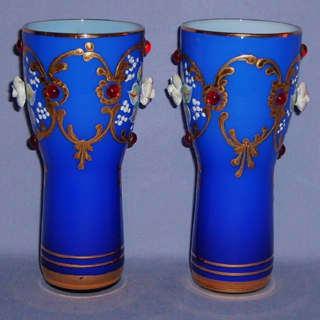 Cobalt Blue Tumbler Glasses Enameled Jeweled Gilded Moser Style Vintage Cobalt Blue Tumbler Glasses Enameled Jeweled Gilded Moser Style Vintage