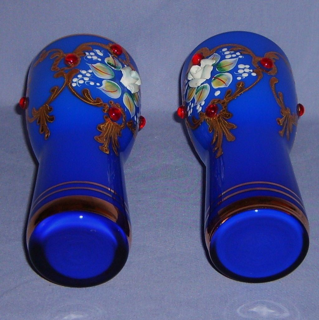 Cobalt Blue Tumbler Glasses Enameled Jeweled Gilded Moser Style Vintage Cobalt Blue Tumbler Glasses Enameled Jeweled Gilded Moser Style Vintage