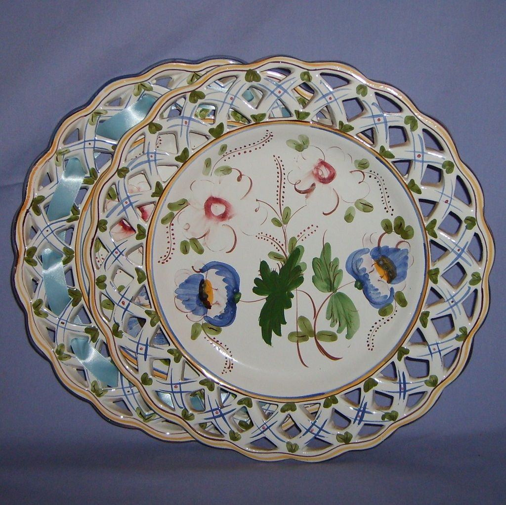 Pair 11" French Faience Reticulated Plates Hand-Painted Ribbon Vintage Pair 11" French Faience Reticulated Plates Hand-Painted Ribbon Vintage