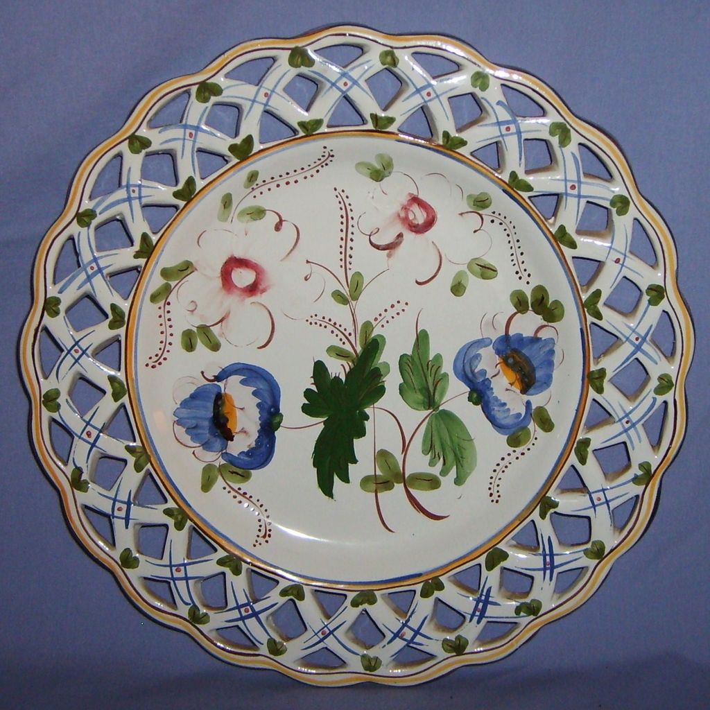 Pair 11" French Faience Reticulated Plates Hand-Painted Ribbon Vintage Pair 11" French Faience Reticulated Plates Hand-Painted Ribbon Vintage