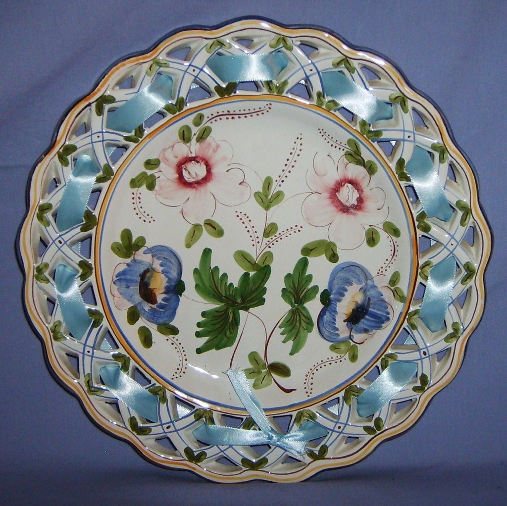 Pair 11" French Faience Reticulated Plates Hand-Painted Ribbon Vintage Pair 11" French Faience Reticulated Plates Hand-Painted Ribbon Vintage