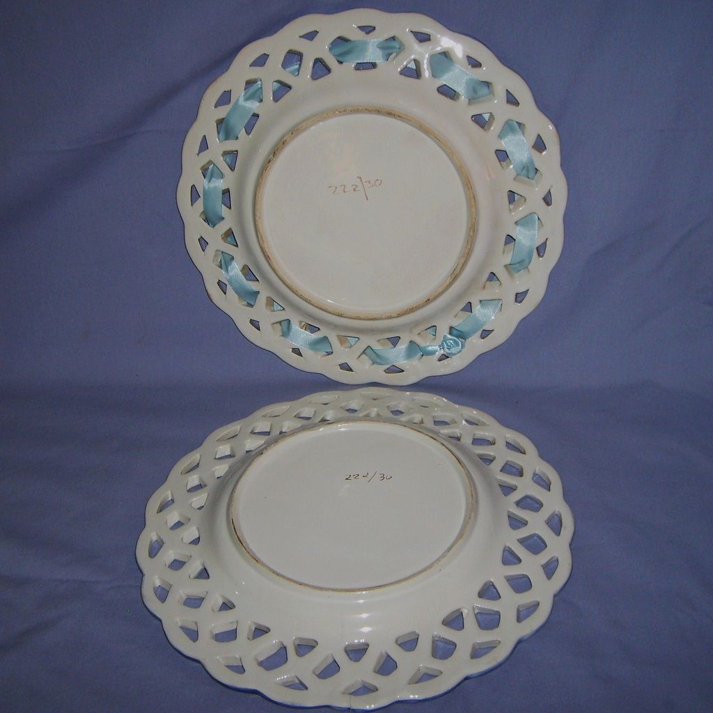Pair 11" French Faience Reticulated Plates Hand-Painted Ribbon Vintage Pair 11" French Faience Reticulated Plates Hand-Painted Ribbon Vintage