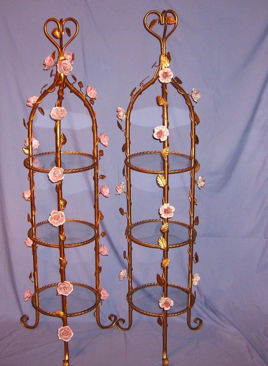 Vintage Italian Etagere Gilt Toleware Porcelain Flowers Florentine #2 Vintage Italian Etagere Gilt Toleware Porcelain Flowers Florentine #2