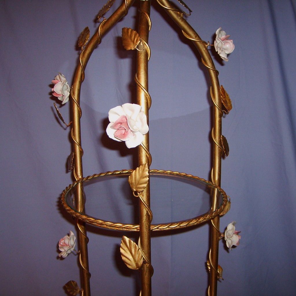 Vintage Italian Etagere Gilt Toleware Porcelain Flowers Florentine #2 Vintage Italian Etagere Gilt Toleware Porcelain Flowers Florentine #2