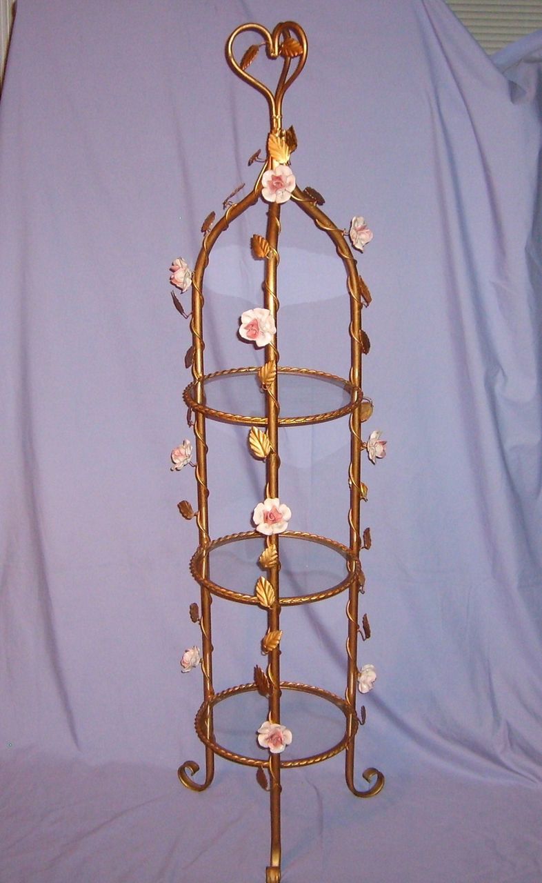 Vintage Italian Etagere Gilt Toleware Porcelain Flowers Florentine #2 Vintage Italian Etagere Gilt Toleware Porcelain Flowers Florentine #2
