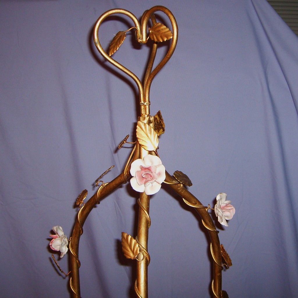 Vintage Italian Etagere Gilt Toleware Porcelain Flowers Florentine #2 Vintage Italian Etagere Gilt Toleware Porcelain Flowers Florentine #2
