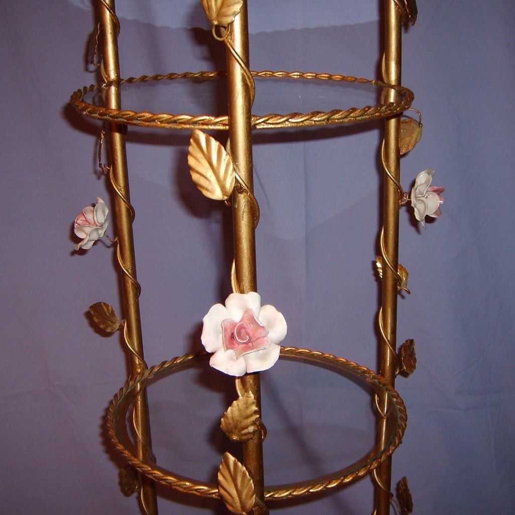 Vintage Italian Etagere Gilt Toleware Porcelain Flowers Florentine #2 Vintage Italian Etagere Gilt Toleware Porcelain Flowers Florentine #2