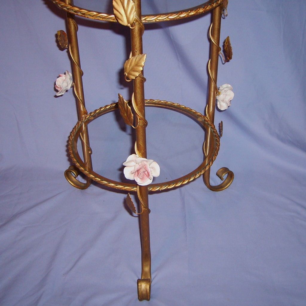 Vintage Italian Etagere Gilt Toleware Porcelain Flowers Florentine #2 Vintage Italian Etagere Gilt Toleware Porcelain Flowers Florentine #2