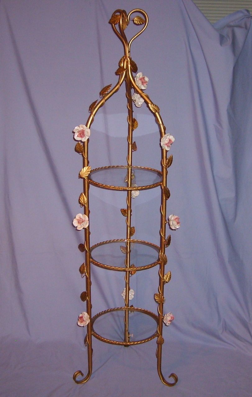 Vintage Italian Etagere Gilt Toleware Porcelain Flowers Florentine #2 Vintage Italian Etagere Gilt Toleware Porcelain Flowers Florentine #2